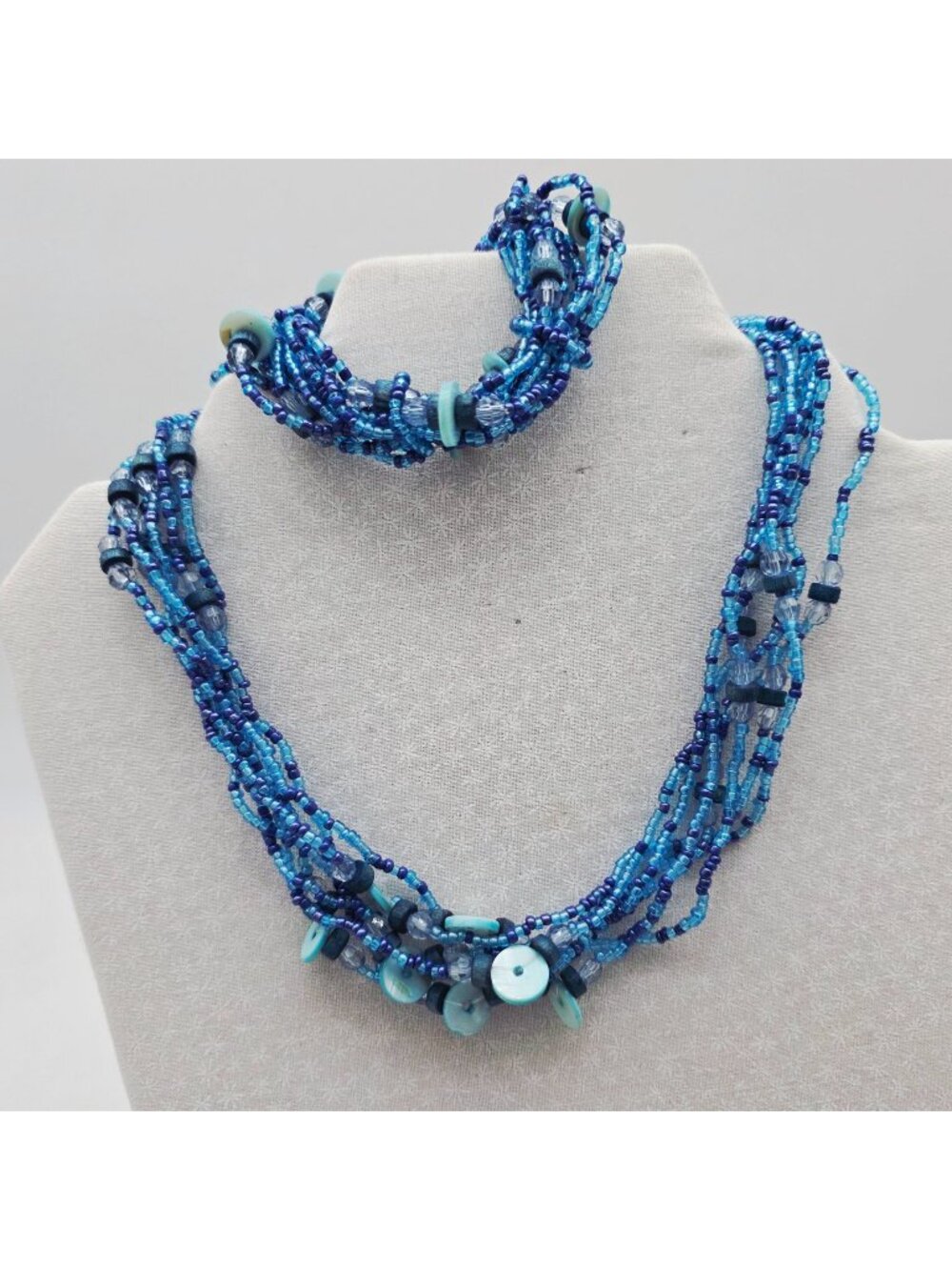 Blue Multistrand Seed Bead Necklace & Bracelet Set With Shell Accents
